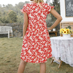 Floral Print Short Sleeve V Neck Wholesale Swing Dresses With Pockets