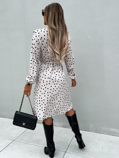 Polka Dot Print Lace-Up Long Sleeve Dress Wholesale Dresses