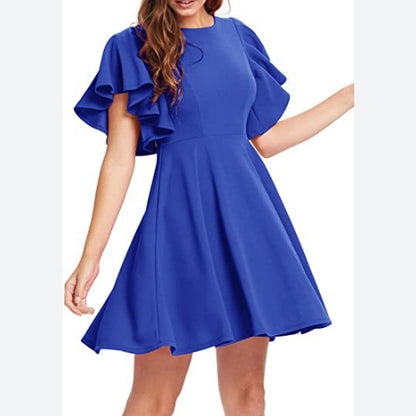 Solid Color Round Neck Lotus Leaf Sleeve Swing Dress Elegant Wholesale Dresses Business Casual Women