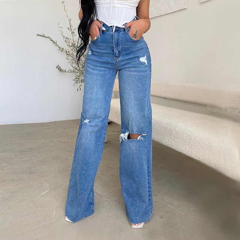 Casual Wide-Leg Mopping Pants High Waist Solid Color Simple Ripped Jeans Wholesale Jeans