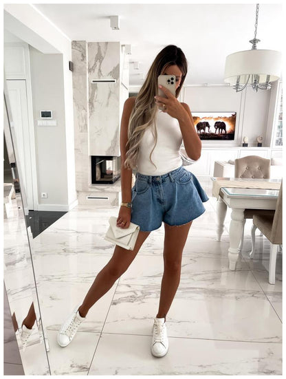 Fashion High Waist Denim Shorts Wide Legs Solid Color Short Pants Wholesale Clothing For Women