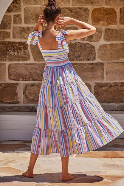 Casual Colorful Striped Strapless Tie-Up Swing Dress Wholesale Dresses