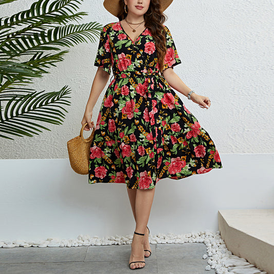 Wholesale Women'S Plus Size Clothing Rose Print V-Neck Slimming Short-Sleeved Dress