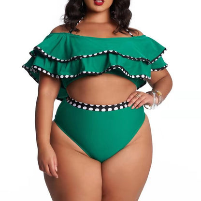 Halter Neck Color Block Patchwork Ruffle Layers Wholesale Plus Size Swimsuit