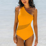 Mesh Slanted Shoulder High Waist Solid Color One Piece Swimsuit Wholesale Womens Swimwear