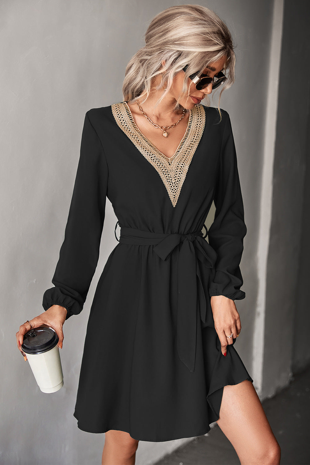 Fashion Lace V-Neck Long-Sleeve Tie-Up Dress Wholesale Dresses