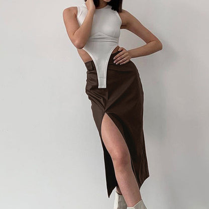 PU Leather Thigh Split Skirt Wholesale Womens Clothes Suppliers