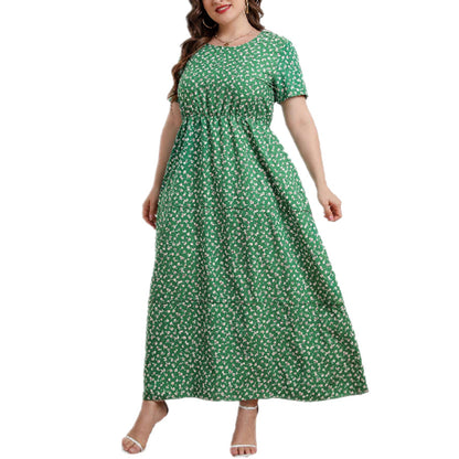 Casual Floral Crew Neck Swing Dress Short Sleeve Midi Dresses Wholesale Plus Size Clothing