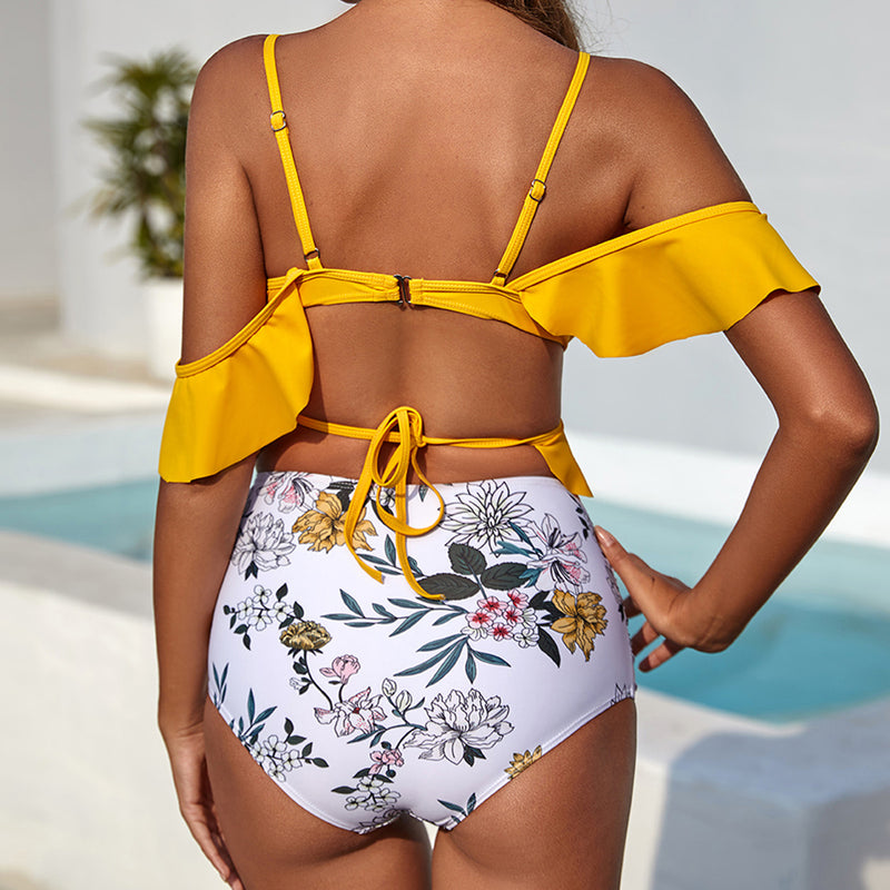 Ruched Strappy Printed High-Waist Wooden Ear Bikini Wholesale Women'S Clothing