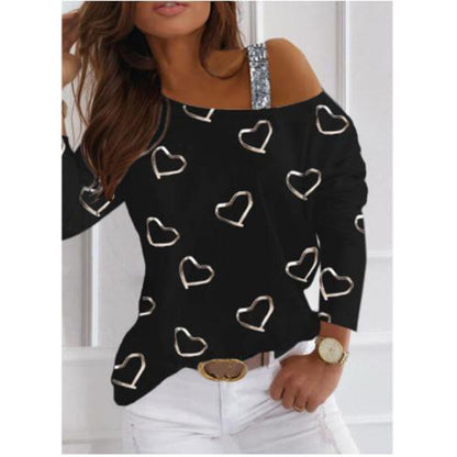 Heart Printed Drop Shoulder Sequins Fashion Pullover Long Sleeve Womens T-Shirts Wholesale Blouse