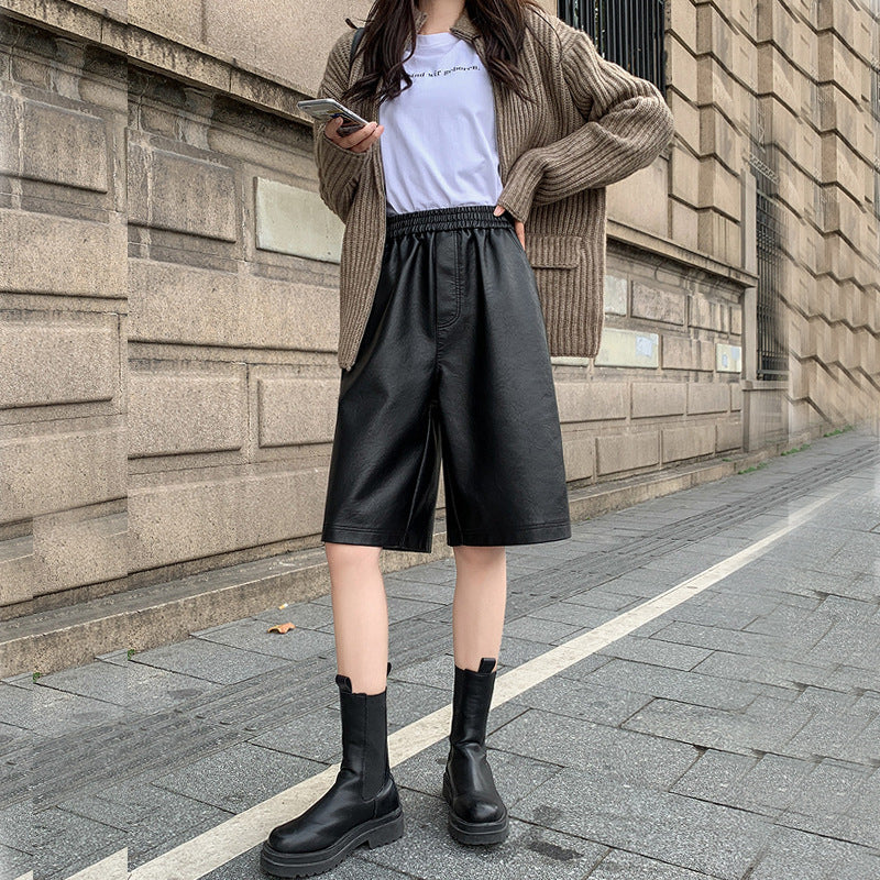 PU Leather Solid Casual Commute Wide Leg Shorts