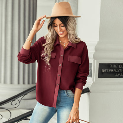 Casual Waffle Lapel Fake Pockets Single-Breasted Blouses Wholesale Womens Long Sleeve T Shirts