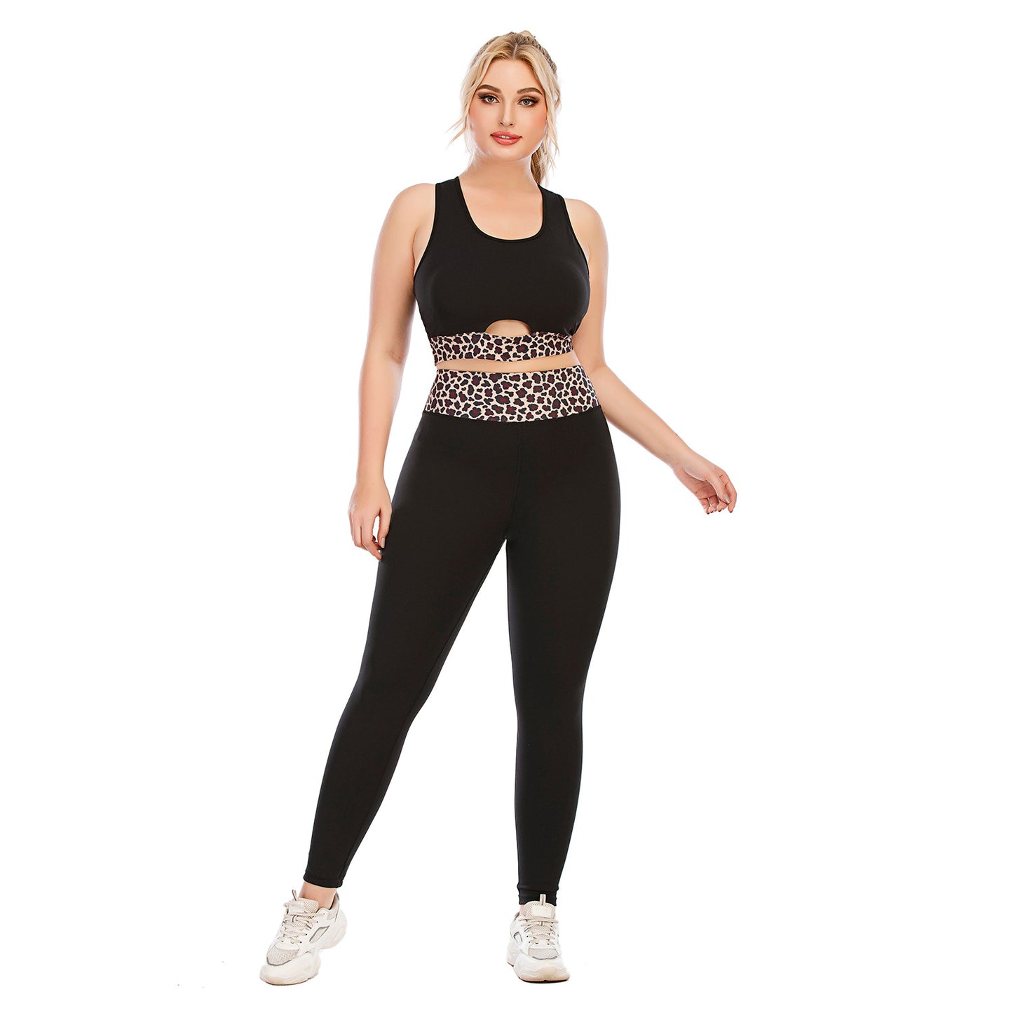 Curvy Fitness Yoga Suits Leopard Print Cutout Sport Bra & Leggings Workout Clothes Plus Size Two Piece Sets Wholesale