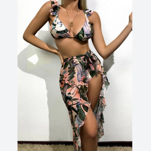 Printed Sexy Split Bikini & Frilled Beachwear Coverup 3pcs Sets Womens Swimsuit Wholesale Vendors