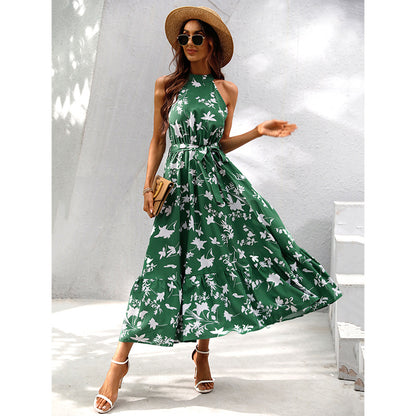 Printed Halterneck Sleeveless Lace-Up Ruffle Long Swing Dress Wholesale Dresses