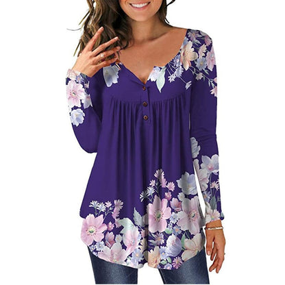 Women Fashion Long Sleeve Floral Print V Neck Wholesale Tunic Tops ST204155