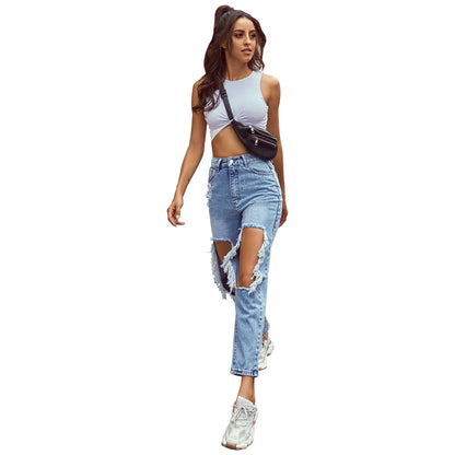 Trendy High Waist Ripped Casual Trousers Jeans Pants Wholesale