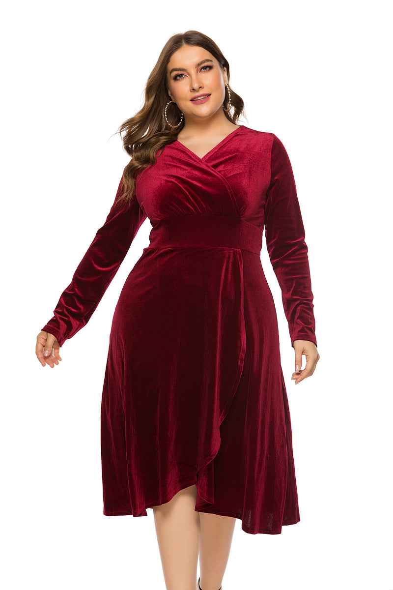 V-Neck Velvet Women Curvy Dresses Wholesale Plus Size Clothing