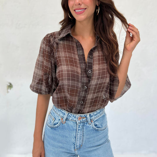 Plaid Print Mid Sleeve Button Chiffon Elegant Blouse Tops Business Casual Wholesale Women Shirts ST531358