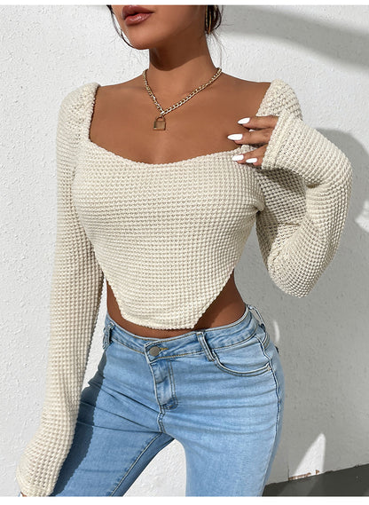 Sexy Wide Neck T-Shirt Hollow Slim Solid Color Long Sleeve Wholesale Crop Tops