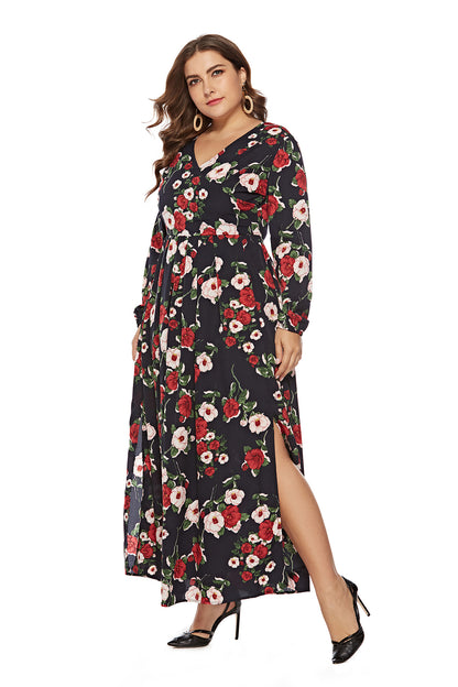 Floral Print Women Curvy Slit Maxi Dresses Wholesale Plus Size Clothing