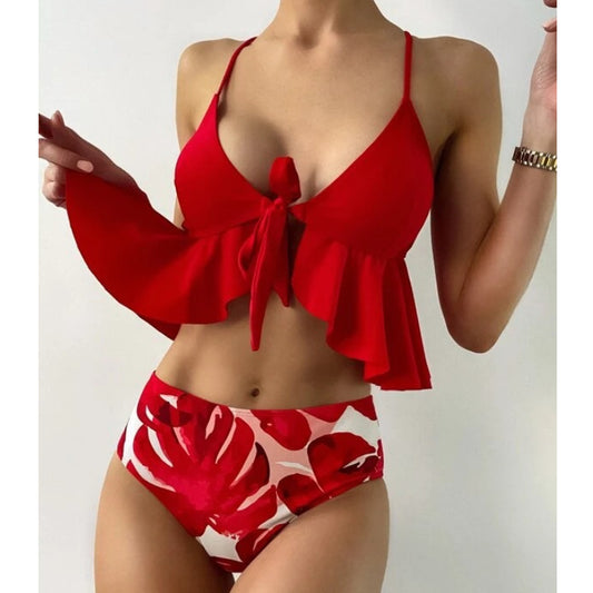 Split Womens Swimsuits Leaf Print Ruffled Lace-Up Bikini Triangle 2pcs Sets Swimwear Wholesale Vendors