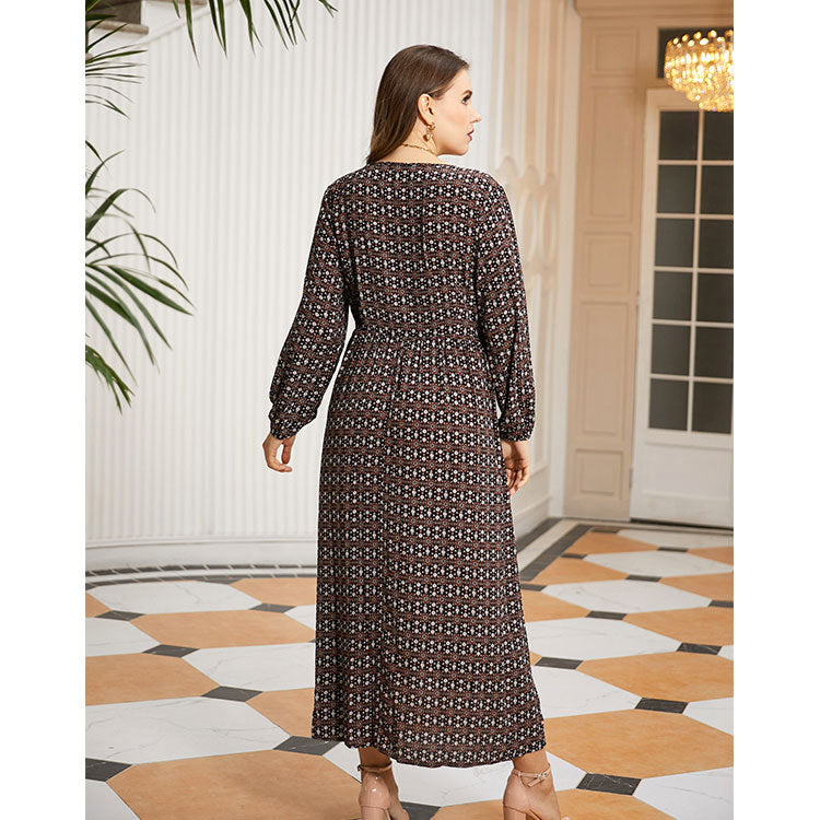 Plaid Print Lace Patchwork Long Sleeve Wholesale Plus Size Dresses for Women