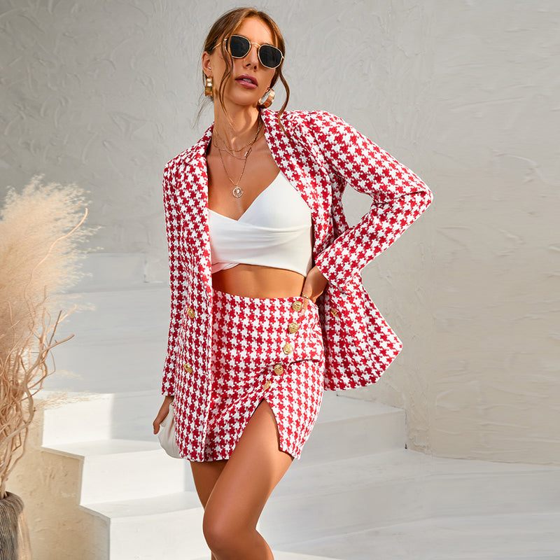 Fashion Houndstooth Lapel Slim Long Sleeve Blazer & Mini Slit Skirt Wholesale Womens 2 Piece Sets