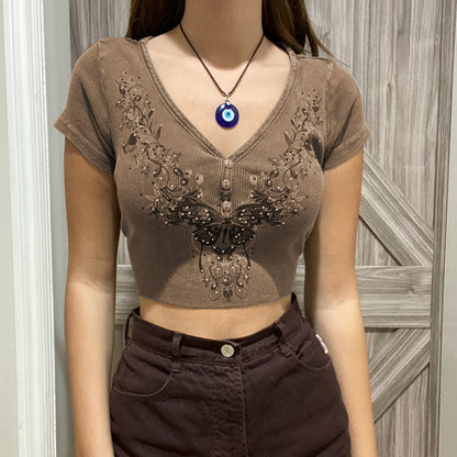 Fashion Slim Sexy Deep V Neck Print Top Short Sleeve Wholesale Crop Tops