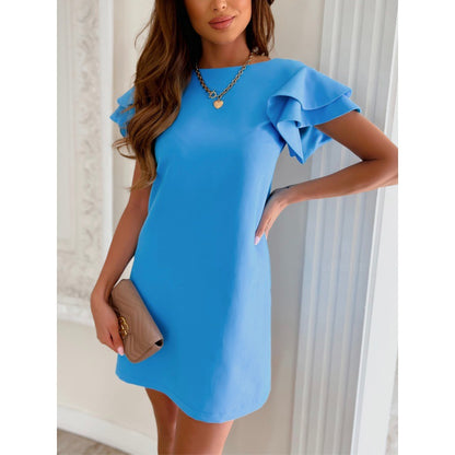 Solid Color O Neck Ruffle Sleeve Casual Dress Wholesale Dresses