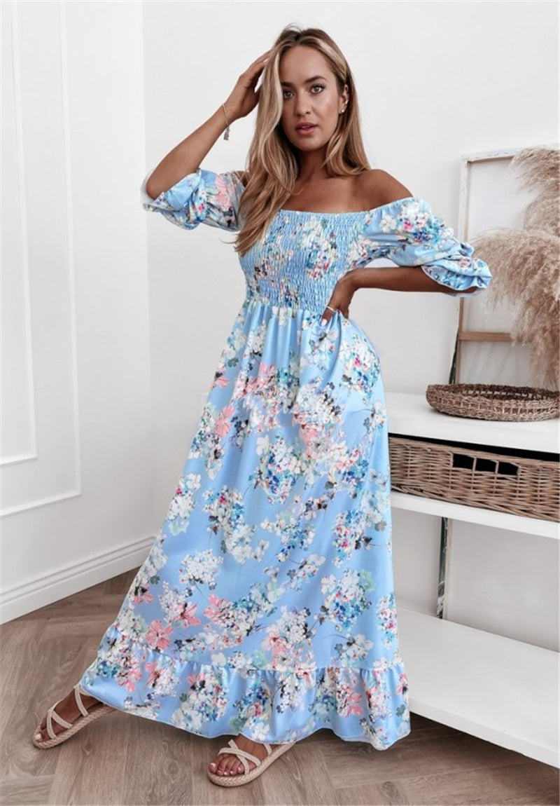 Floral Printed Off Shoulder Puff Sleeve Sexy Holiday Ruffled Dress Vacation Wholesale Maxi Dresses