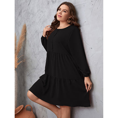 Wholesale Plus Size Women Clothing Loose Long Sleeve Ruffle Casual Midi Dress