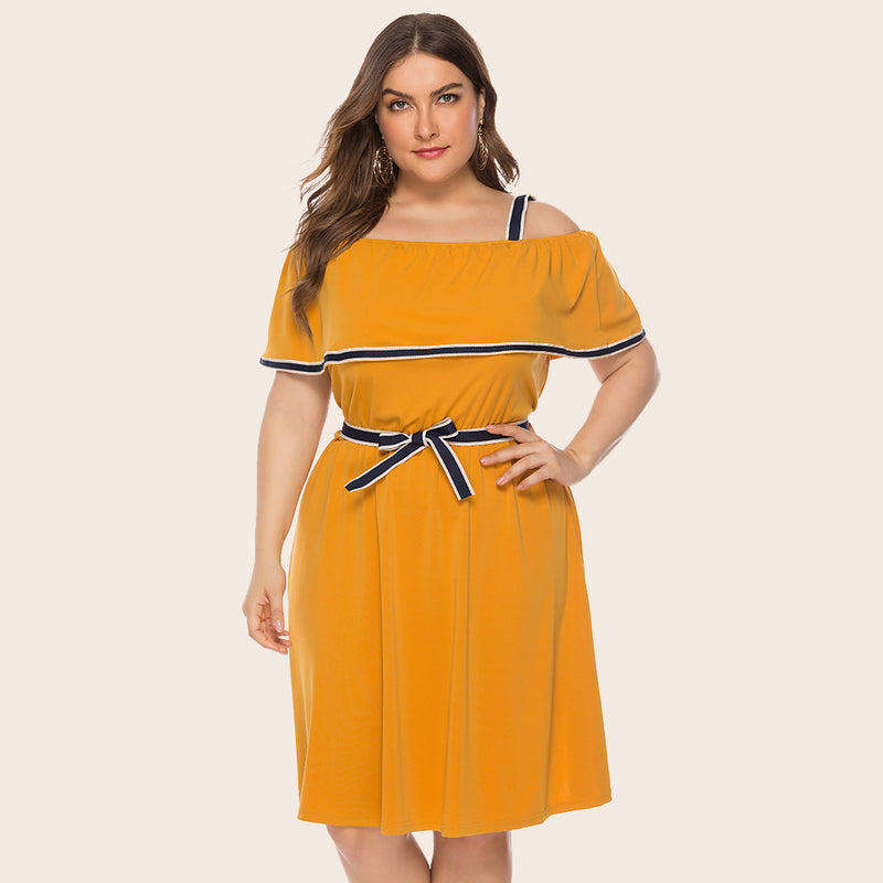 Sexy Sling Off Shoulder Midi Solid Color A-Line Dress Wholesale Plus Size Clothing