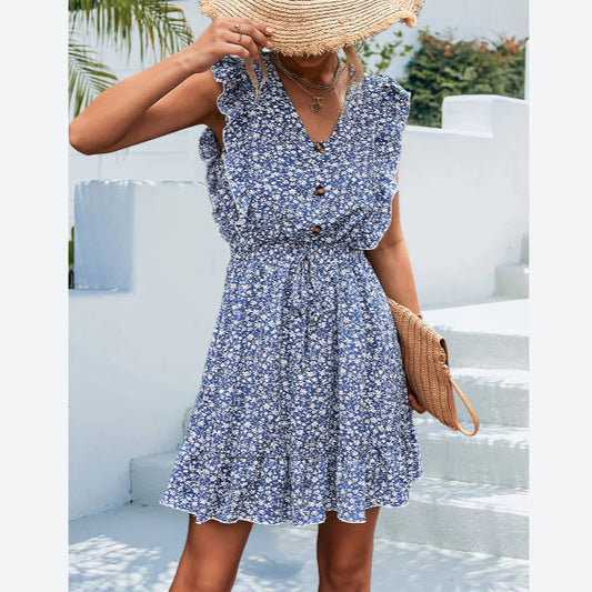 V-Neck Button Ruffled Sleeve Swing Floral Dress Wholesale Dresses