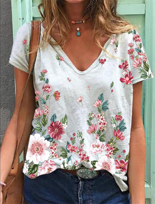 Floral V Neck T Shirt Wholesale Womens Clothing