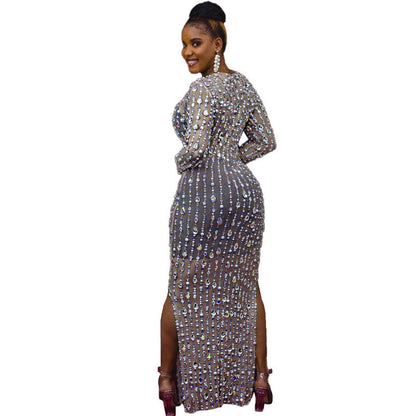 Long Sleeve Tight-Fitting Mesh Maxi Dress With Rhinestones