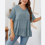 Short Sleeve Solid Color V Neck Loose Ruffled Smocked Curve Womens T Shirts Wholesale Plus Size Clothing