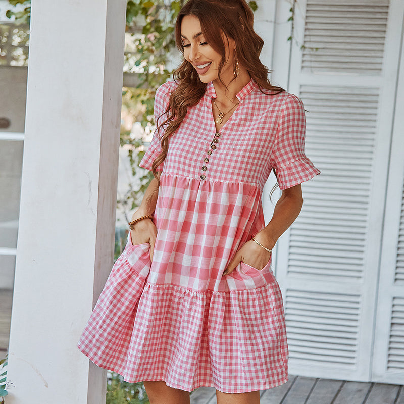 Short Sleeve V Neck Summer Plaid Printed Casual Dress Day Wholesale SD191081