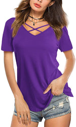 Solid Color Crossover V-Neck Short Sleeve Loose Wholesale T Shirt Casual Women'S Tops