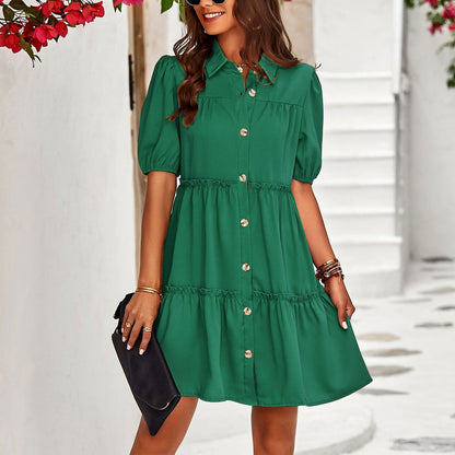 Solid Color Casual Lapel Short Sleeve Smocked Dress Wholesale Dresses