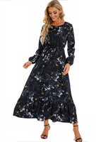 Fashion Print Chiffon High Waist Dress Casual Long Sleeve Round Neck A-Line Wholesale Dresses