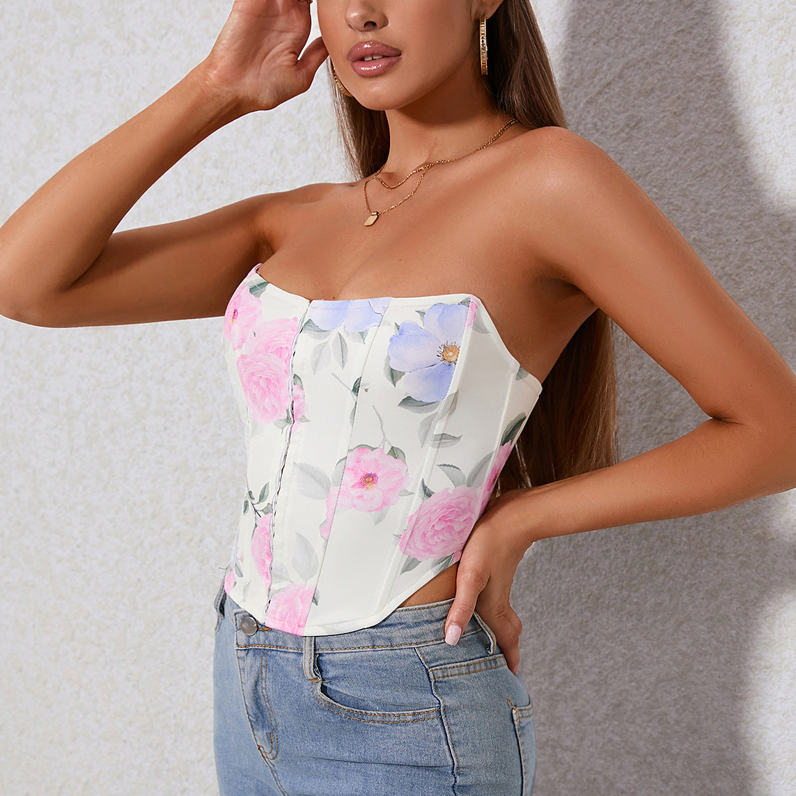 Printed Off-Line Neck Strap Backless Corset Wholesale Womens Tops