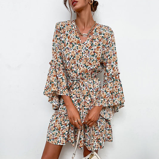 V-Neck Printed Flared Long-Sleeve Floral Dress Wholesale Dresses