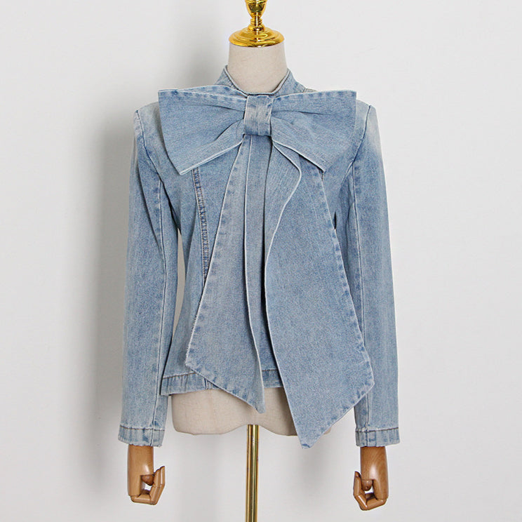 Fashion Big Bowknot Distressed Denim Shirts Wholesale Women Tops