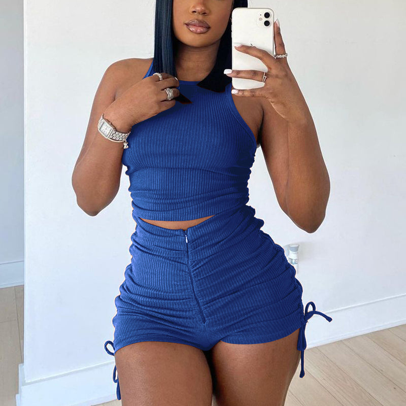 Drawstring Solid Color Sleeveless Crop Tops & Super Shorts Sexy Wholesale Womens 2 Piece Sets