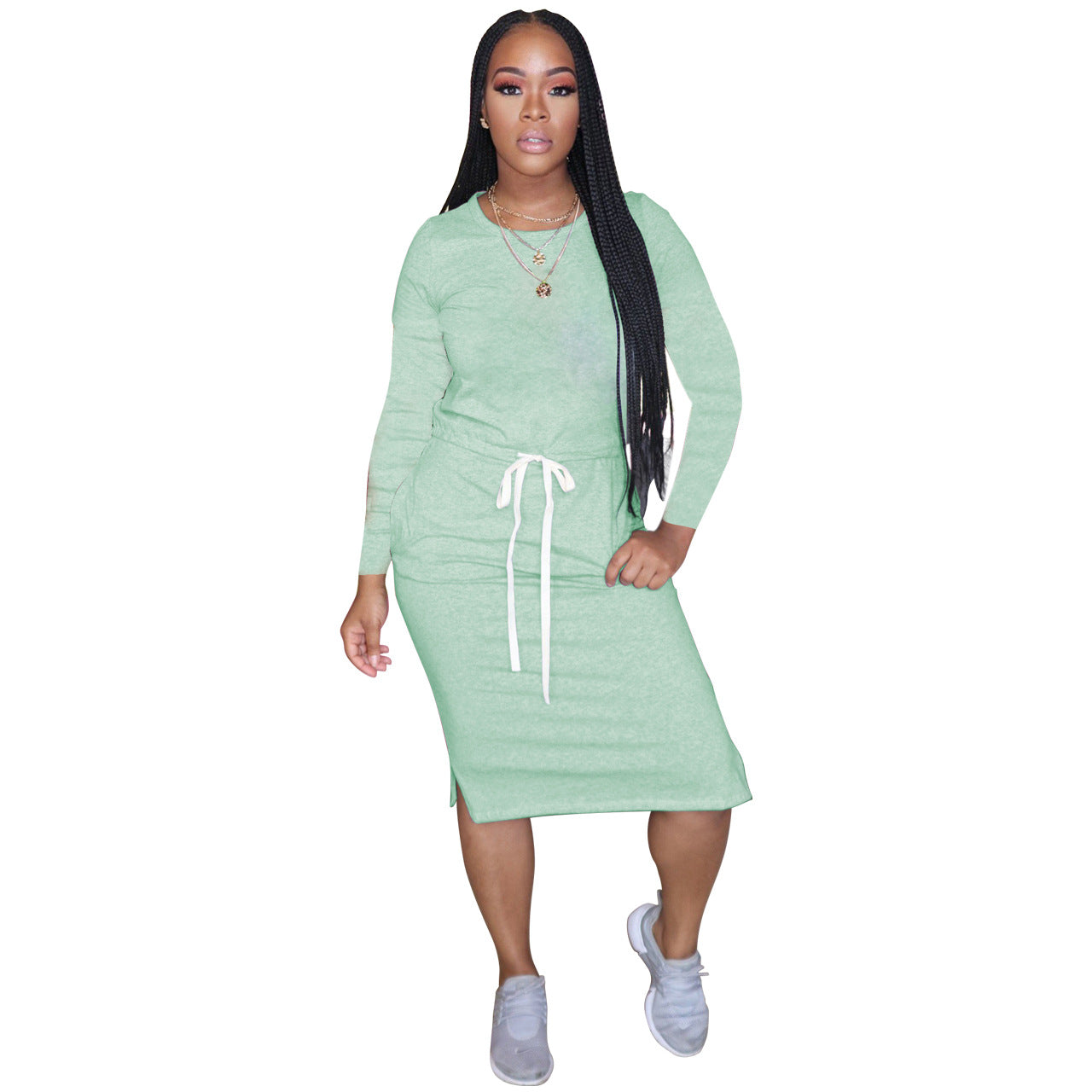 Simple Solid Color Long Sleeve Slit Design Casual Dresses Womens T Shirt Dress Wholesale