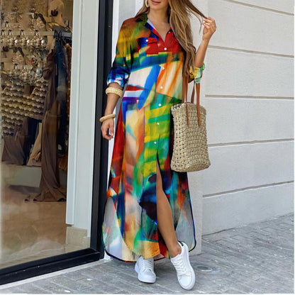 Long Sleeve Fashion Printed Shirtdress Slit T Shirt Maxi Dress Wholesale Casual Dresses