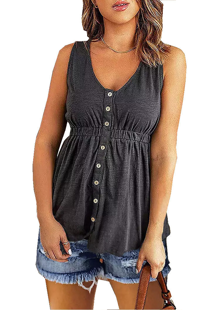 Plain Color Sleeveless V Neck Button Down Wholesale Flowy Tank Tops for Summer