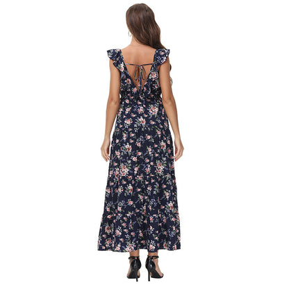 Sexy Frill Sleeve V-Neck Vacation Floral Dress Wholesale Maxi Dresses