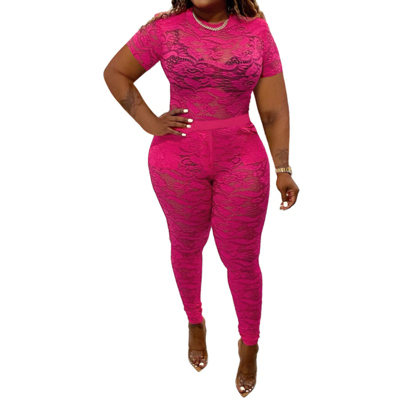 Short Sleeve Translucent Lace Sexy Curve Womens 2 Piece Sets Wholesale Plus Size Clothing